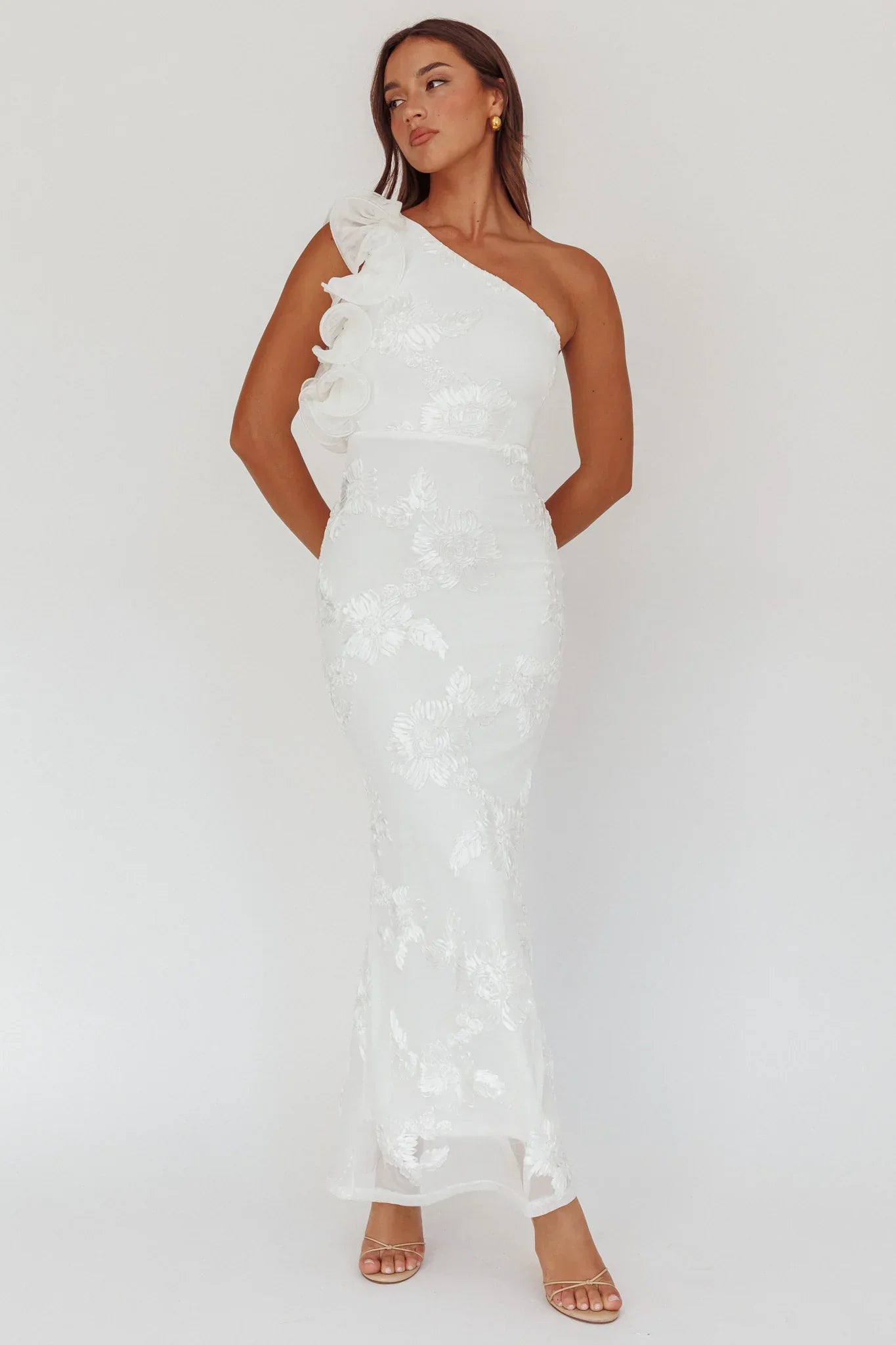 Deanna One-Shoulder Ruffle Maxi Dress Floral Texture White