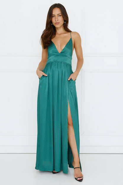 Ocean Sparkle Satin Maxi Dress Green