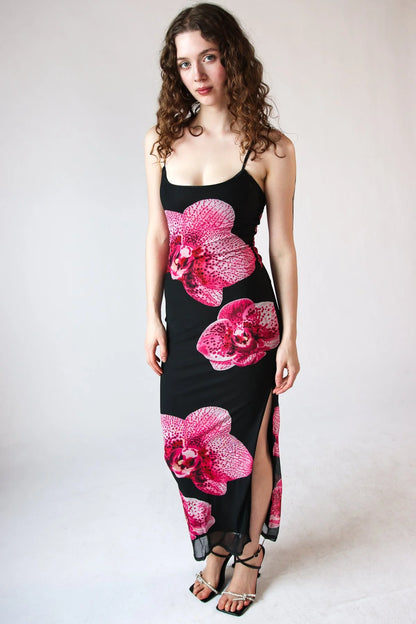 Large Flower Print Mesh Maxi Dress