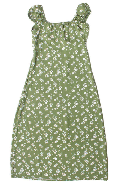 Puff Sleeve Lace Trim Floral Maxi Dress