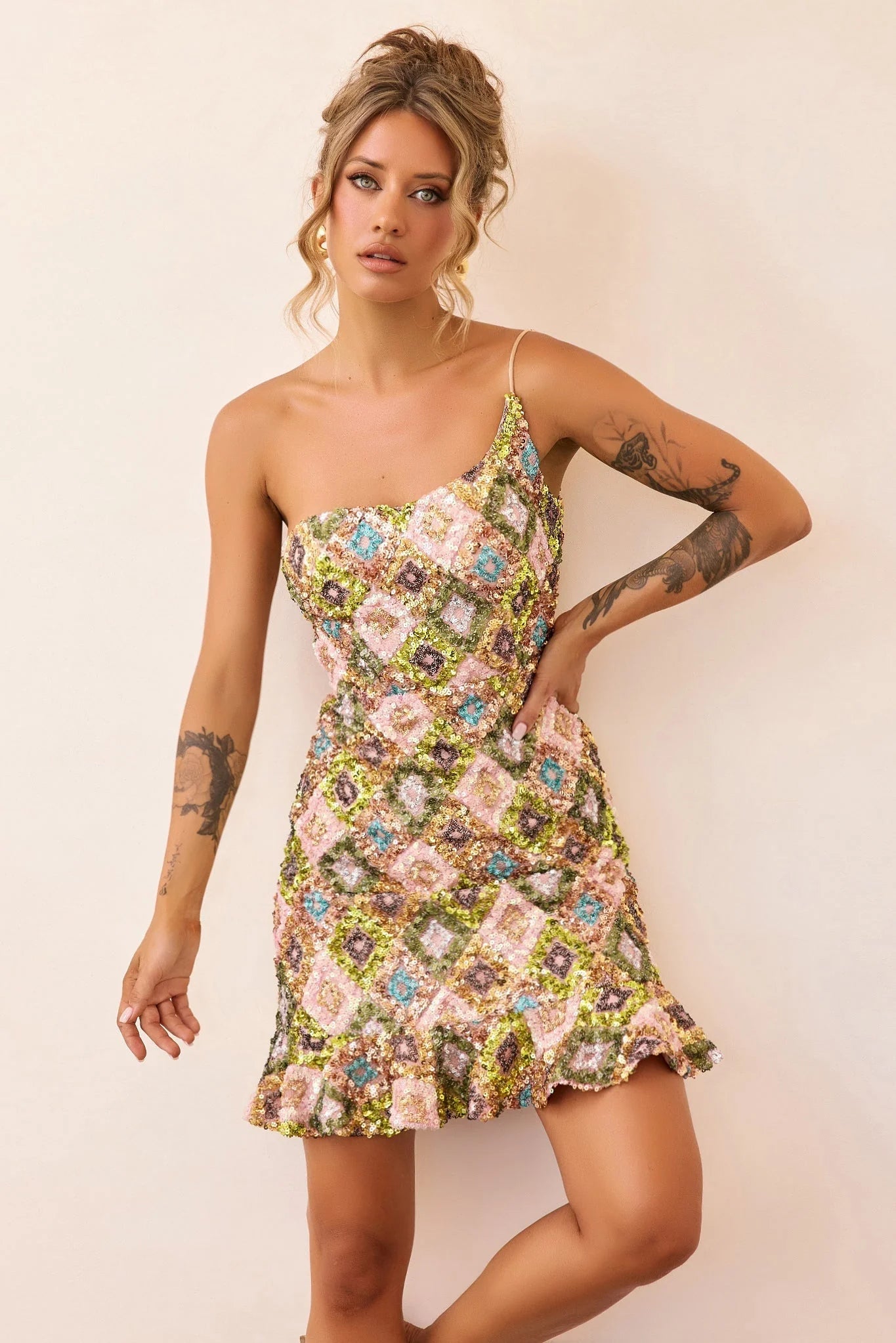 Mirage Mosaic Sequin Mini Dress - Lime Mult
