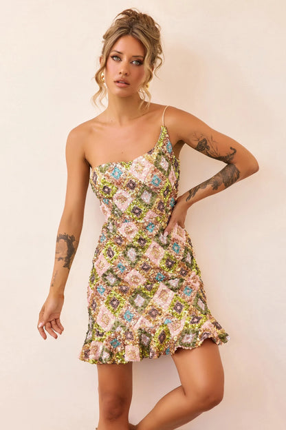 Mirage Mosaic Sequin Mini Dress - Lime Mult