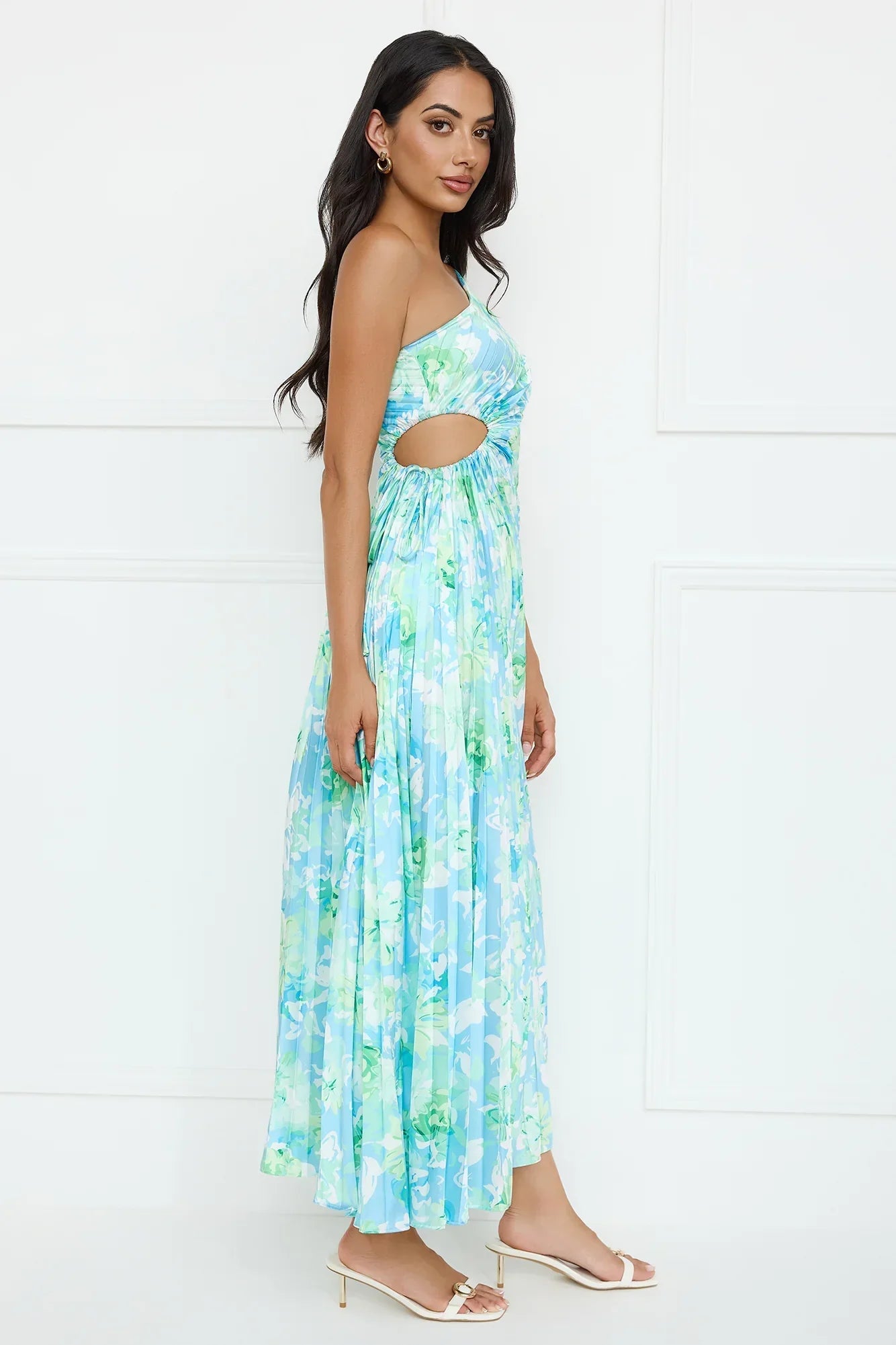 Emerald Ice One Shoulder Satin Pleated Maxi Dress Blue