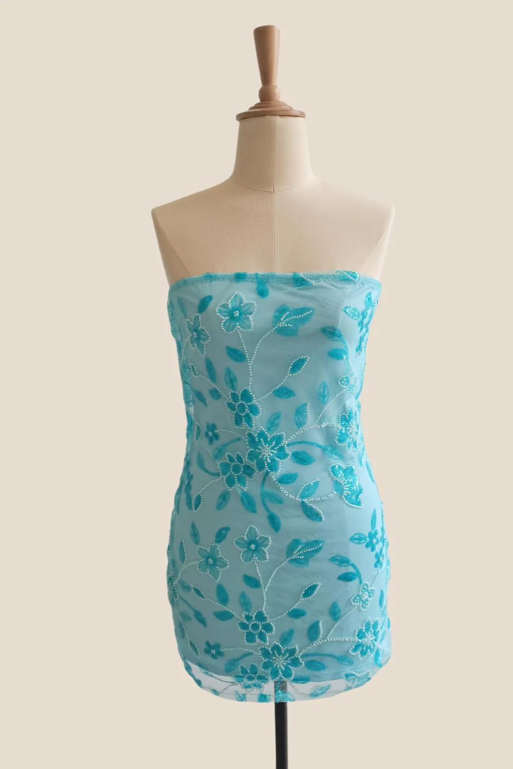 Strapless Sage Beaded Flowers Tight Short Dress