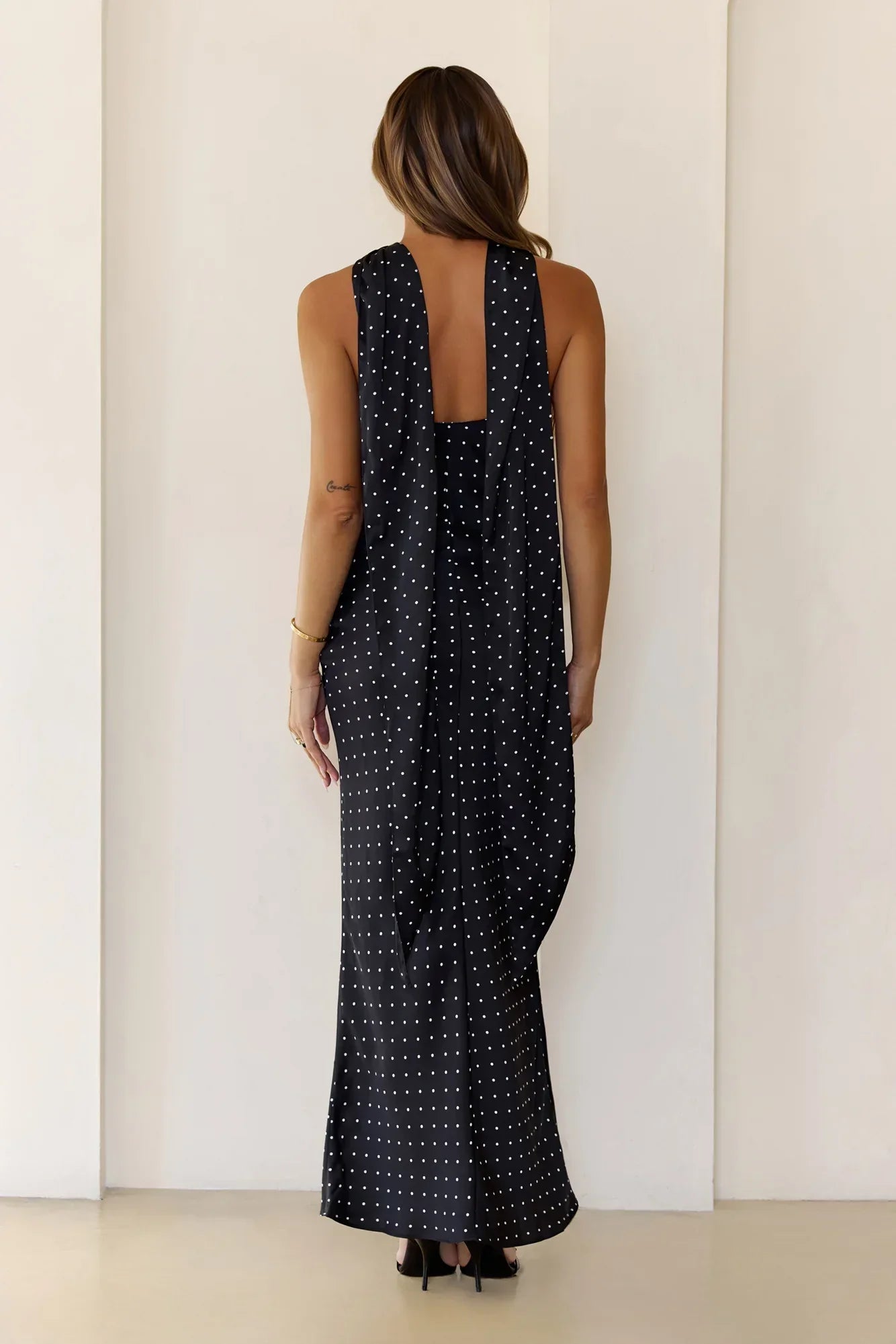Orchid Dusk Polka Dot Satin Maxi Dress Black