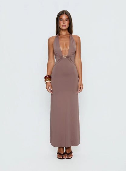 Naysana Halter Ruched Maxi Dress Mocha