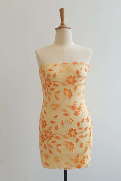 Strapless Sage Beaded Flowers Tight Short Dress