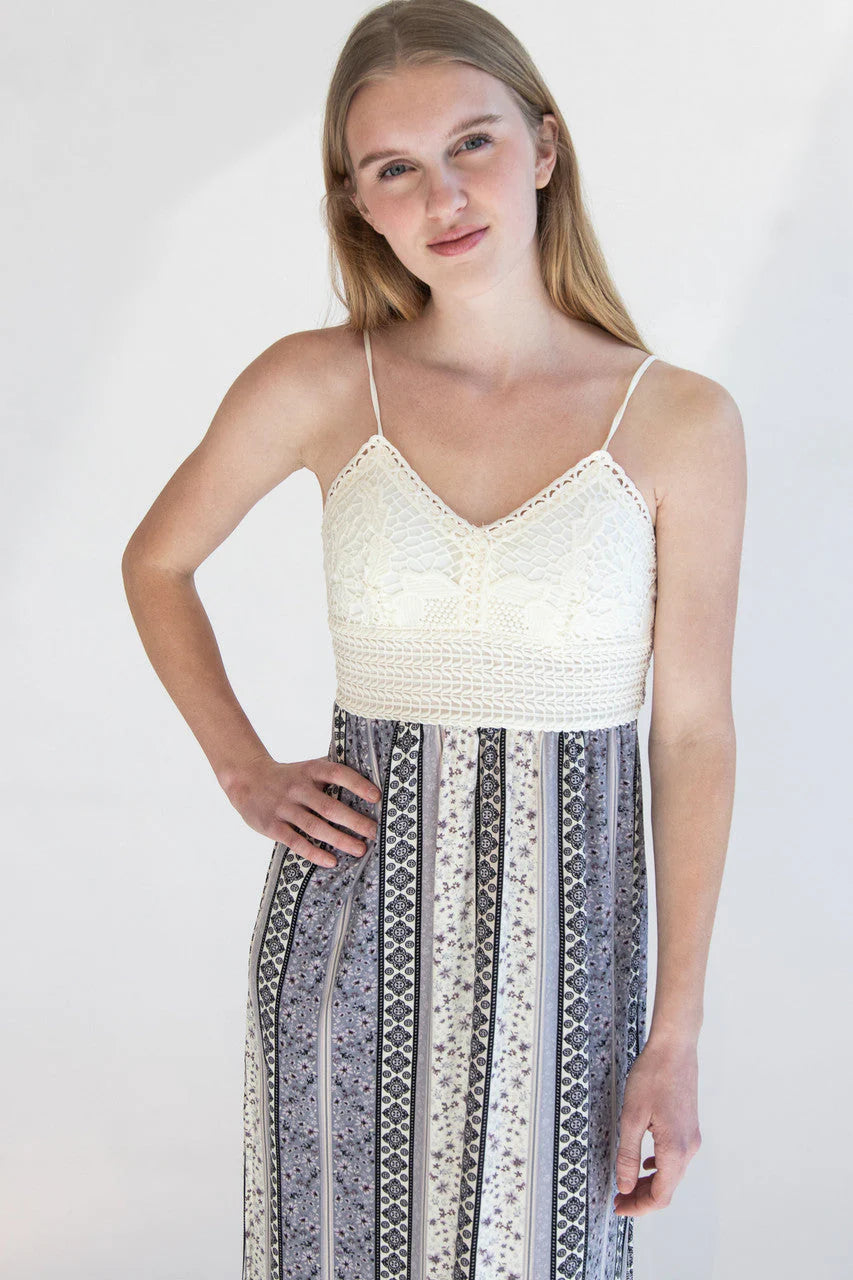 Lace Top Border Print Maxi Dress