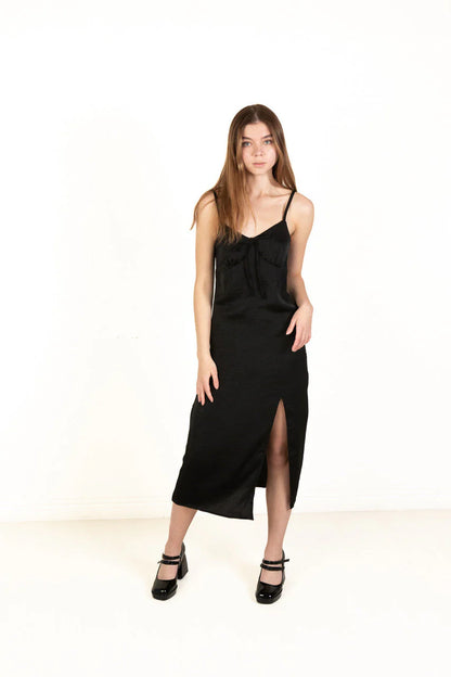 Black Satin Tie Front Maxi Dress