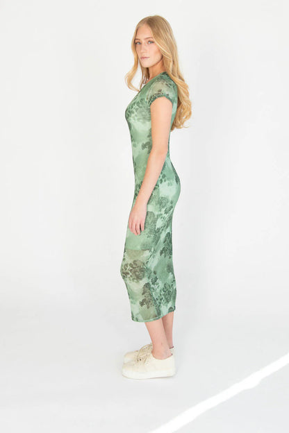 Green Floral Mesh Maxi Dress