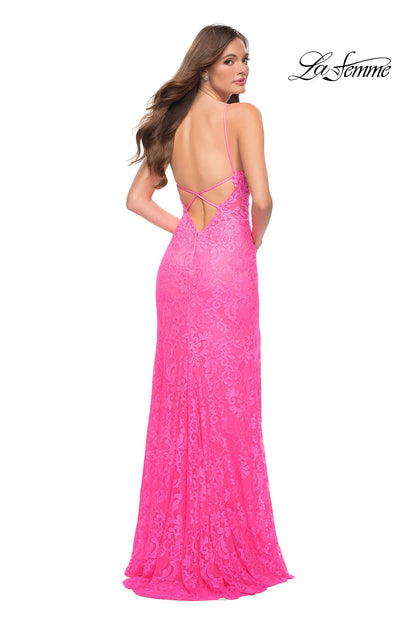 Open-Back La Femme Long Neon Lace Prom Dress