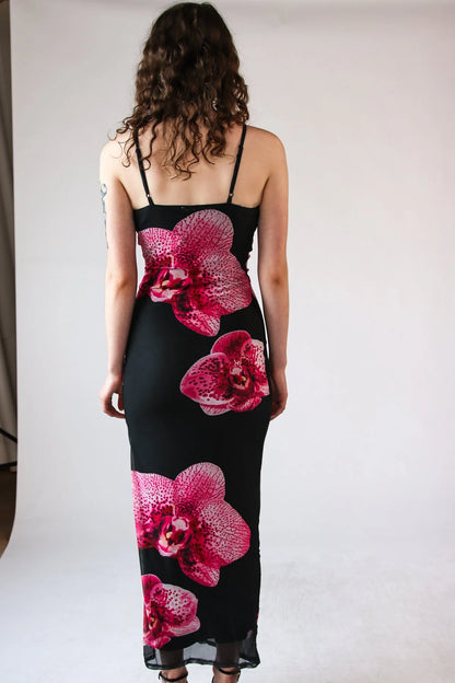 Large Flower Print Mesh Maxi Dress