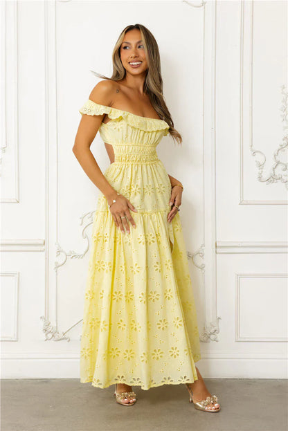 Secrets You Keep Off Shoulder Embroidered Maxi Dress