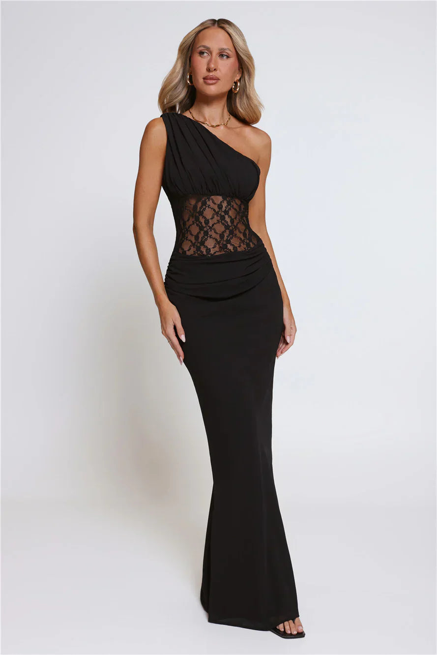 Lace Desire One Shoulder Maxi Dress Black