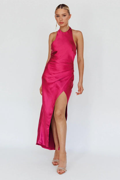 Sonoma Halterneck Faux Wrap Twist Back Maxi Dress Fuchsia