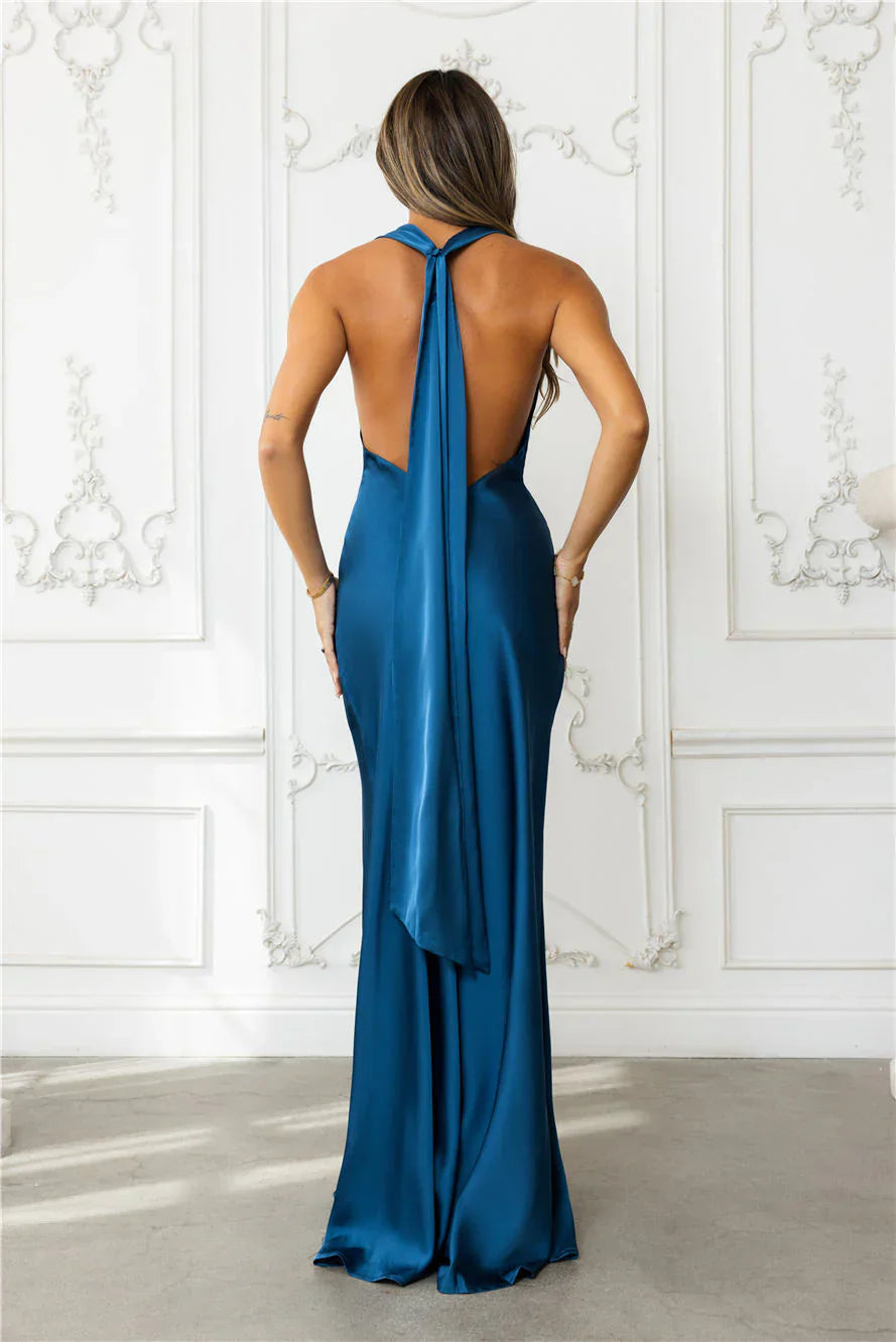 Nightfall Noir Halter Satin Maxi Dress Teal