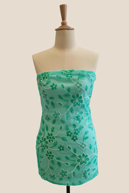 Strapless Sage Beaded Flowers Tight Short Dress