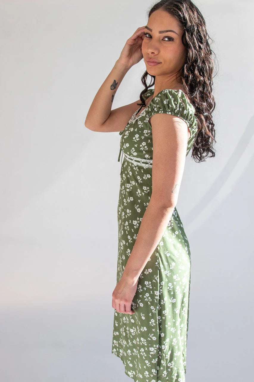 Puff Sleeve Lace Trim Floral Maxi Dress