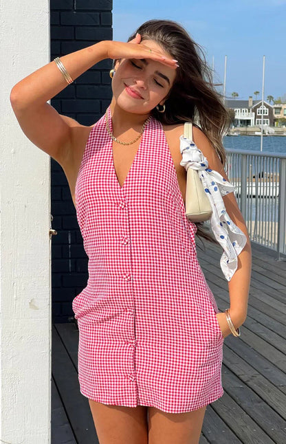 Felix Red Gingham Halter Mini Dress