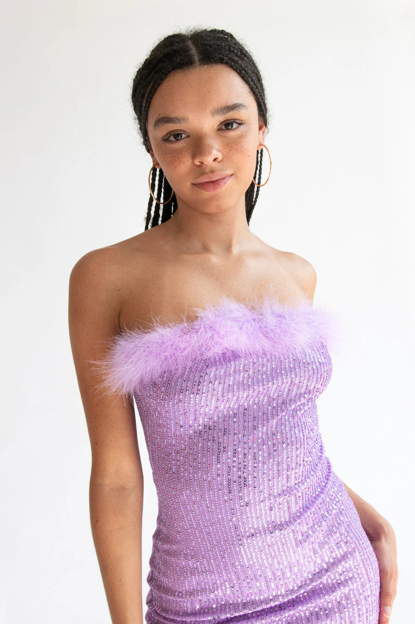 Sequin Fur Trim Strapless Mini Dress