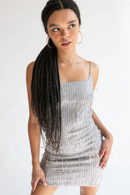 Silver Sequin Fringe Mini Dress