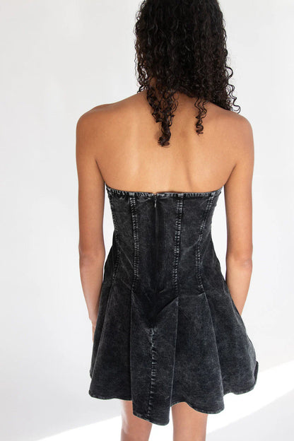 Corduroy Pleated Strapless Mini Dress