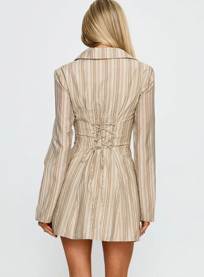 In Your Arms Long Sleeve Tie Back Mini Dress Brown Stripe