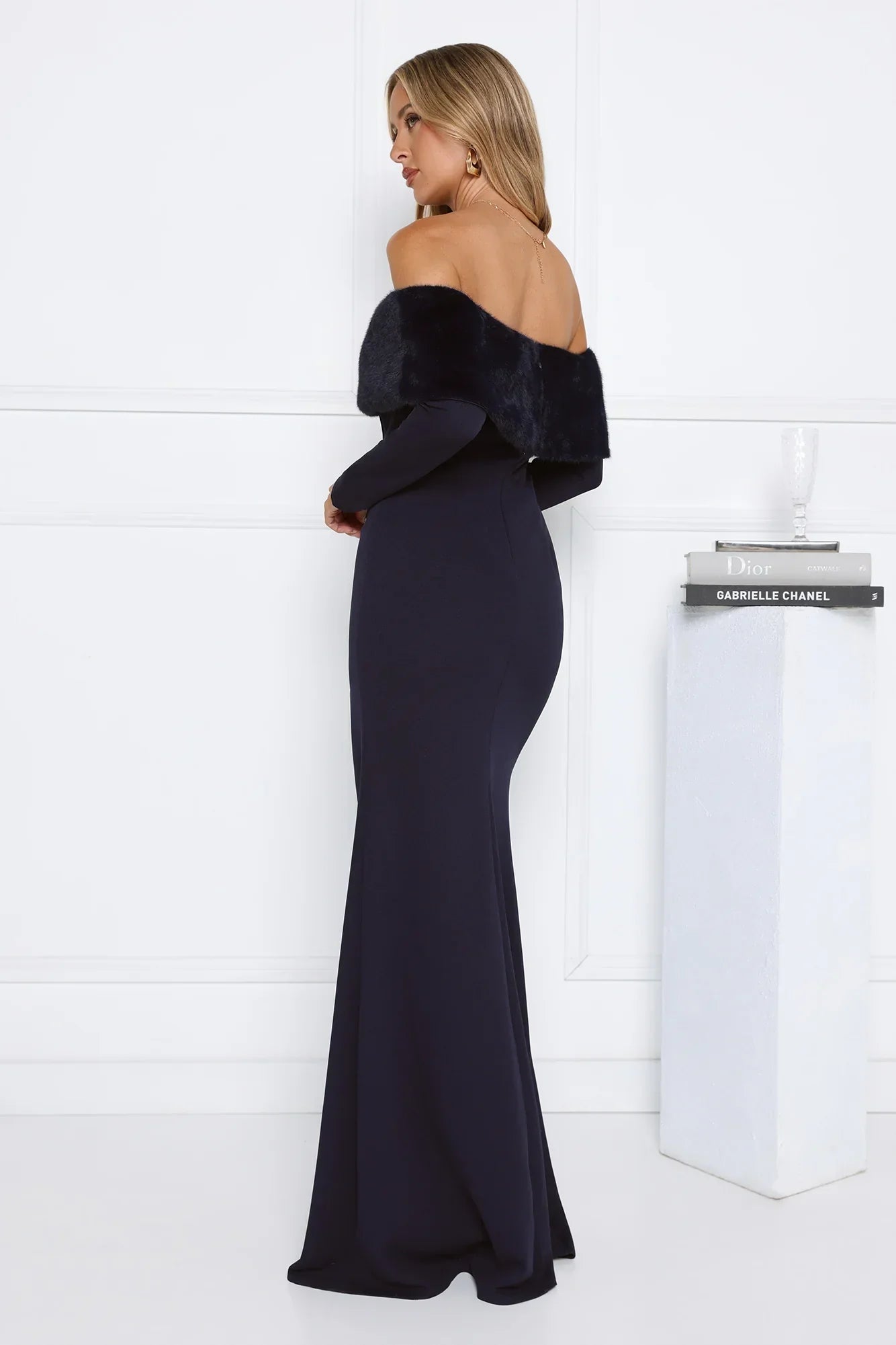 Glow In The Snow Faux Fur Off Shoulder Maxi Dress Navy