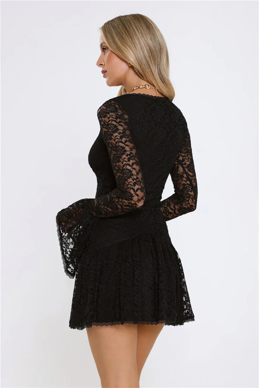 Gilded Lace Nights Long Sleeve Mini Dress Black