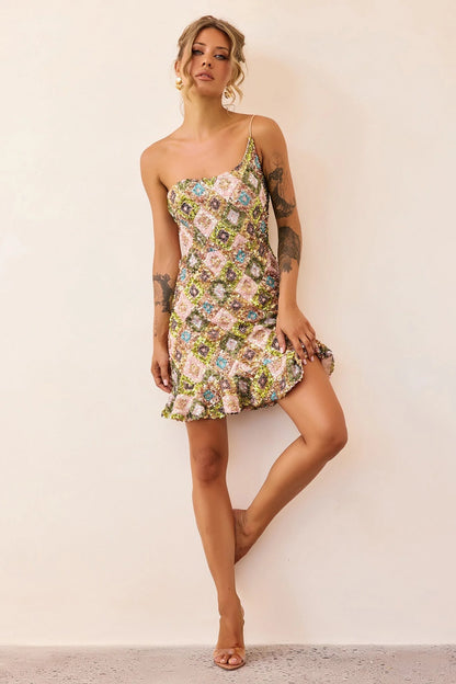 Mirage Mosaic Sequin Mini Dress - Lime Mult