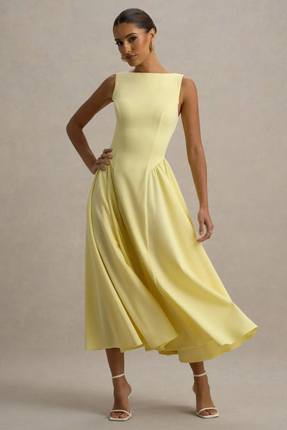 Muriel | Lemon Boat-Neck Volume-Hem Midi Dress