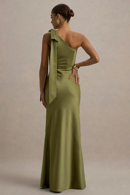 Here For Love | Khaki Satin Asymmetric Maxi Dress With Bow