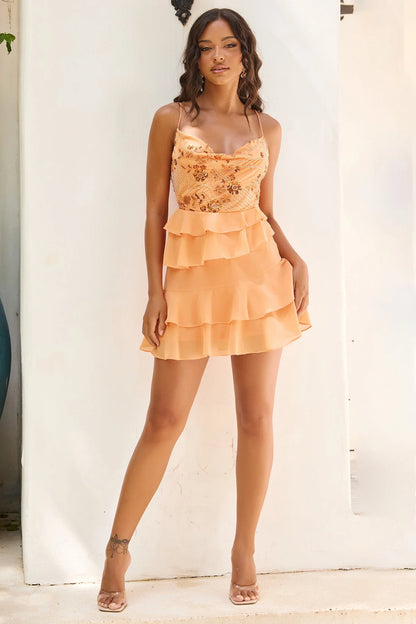 Whispered Eden Beaded Chiffon Mini Dress - Orange