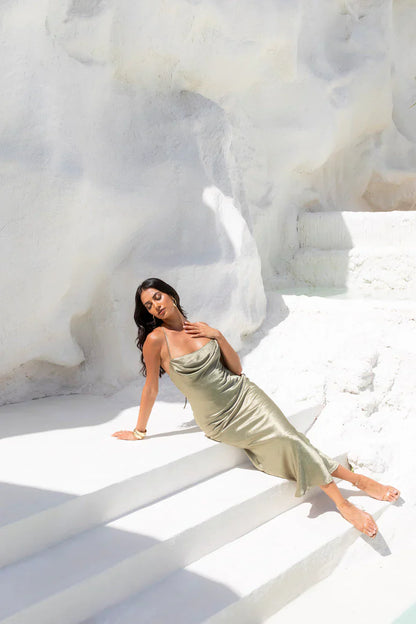 NYC Nightlife Satin Maxi Dress Khaki