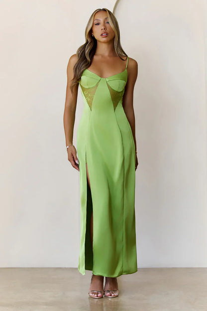 Midnight Heirloom Satin Maxi Dress Green