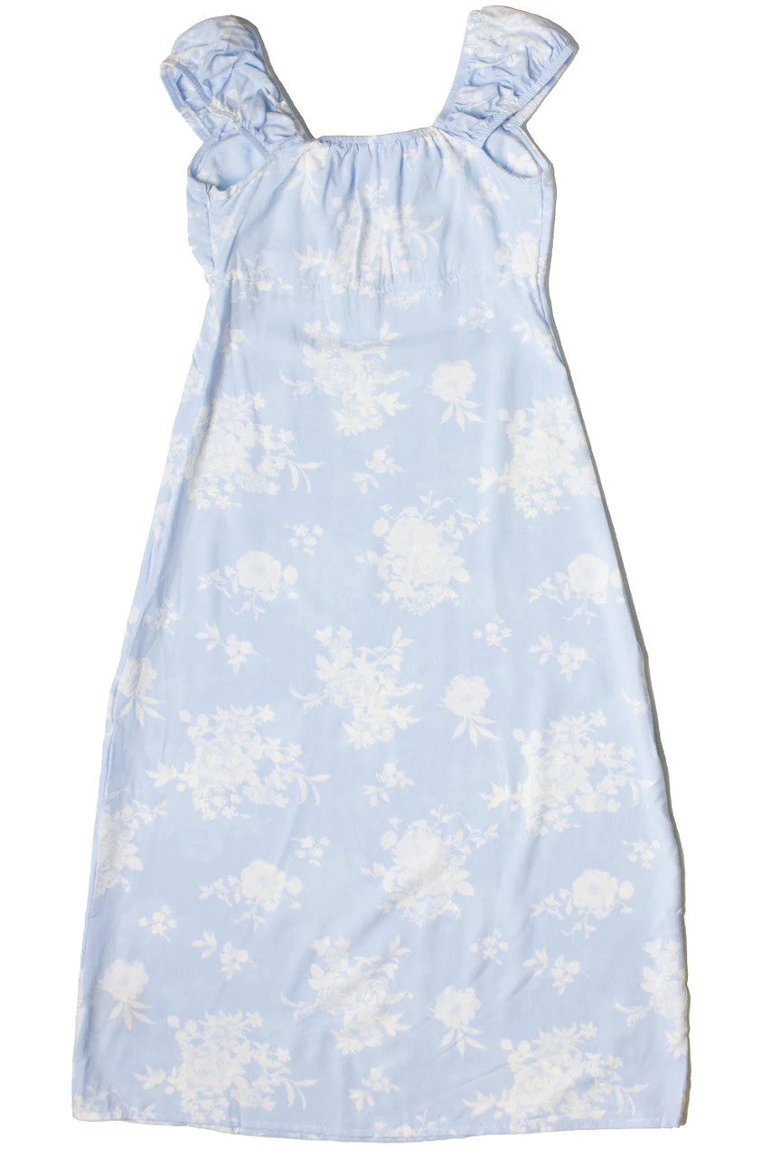 Puff Sleeve Lace Trim Floral Maxi Dress