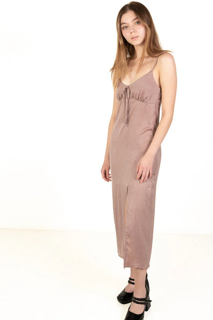 Taupe Satin Tie Front Maxi Dress