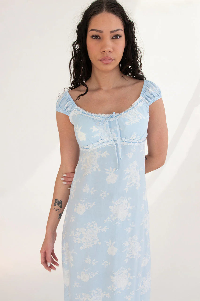 Puff Sleeve Lace Trim Floral Maxi Dress