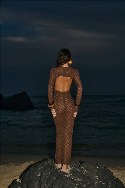 Island Aura Long Sleeve Knit Maxi Dress Chocolate