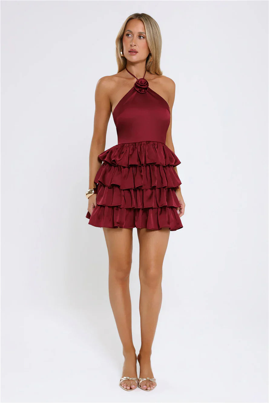 Moonlit Star Halter Satin Mini Dress Burgundy
