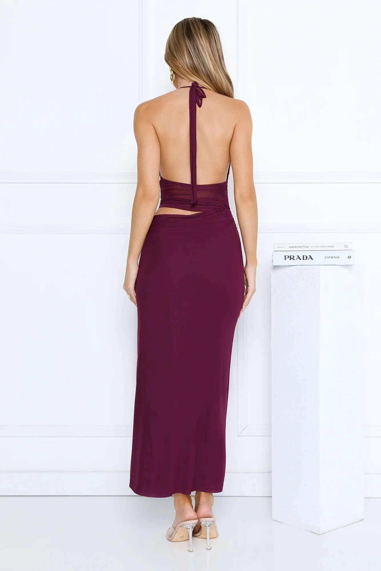 Haute Mode Mesh Halter Maxi Dress Plum