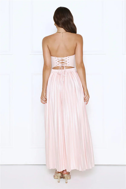 Glossed Over Strapless Satin Pleated Maxi Dress Pink