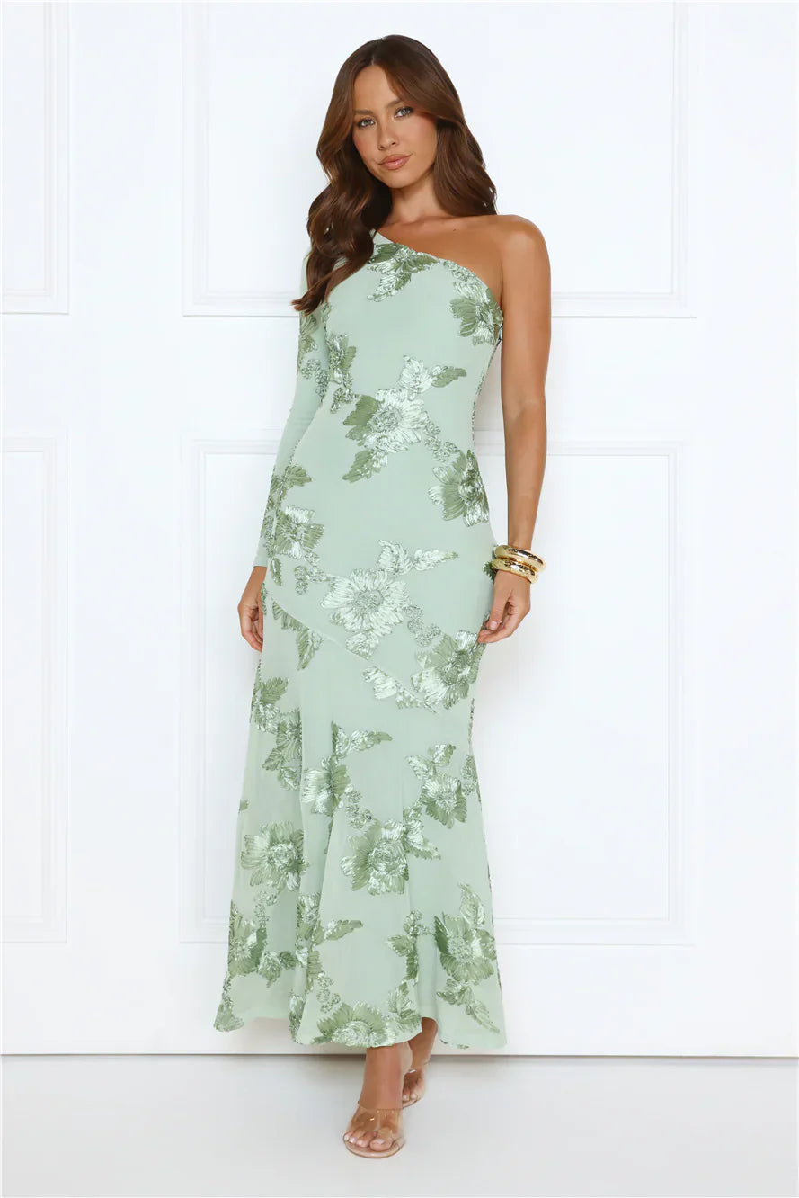 Glow Queen Energy One Shoulder Maxi Dress Sage