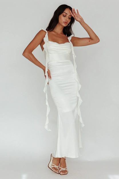 Blushing Ruffle Trim Midi Dress Oyster