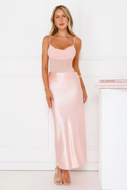 Rule The Glow Satin Mesh Maxi Dress
