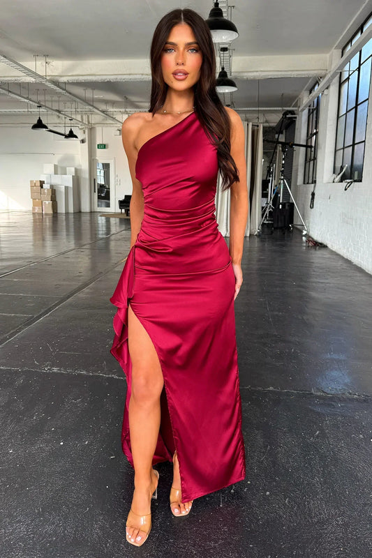 Elianna One Shoulder Satin Maxi Dress - Burgundy