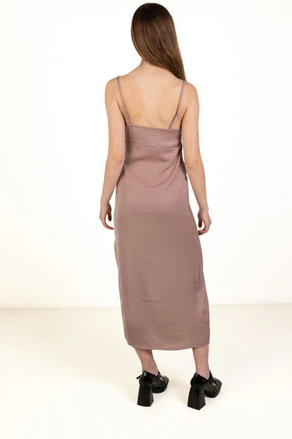 Taupe Satin Tie Front Maxi Dress