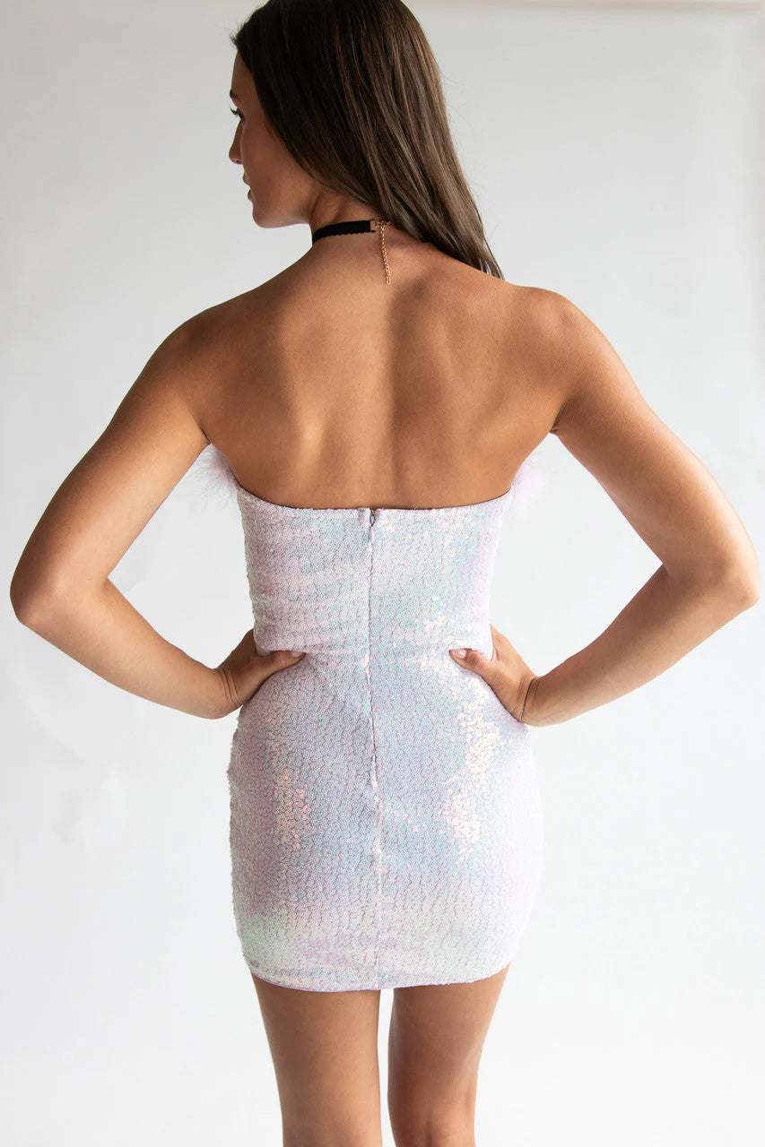 Sequin Fur Trim Strapless Mini Dress