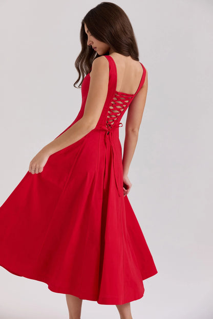 red stretch cotton midi sundress