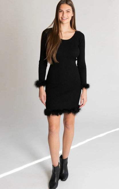 Feather Trim Long Sleeve Mini Dress